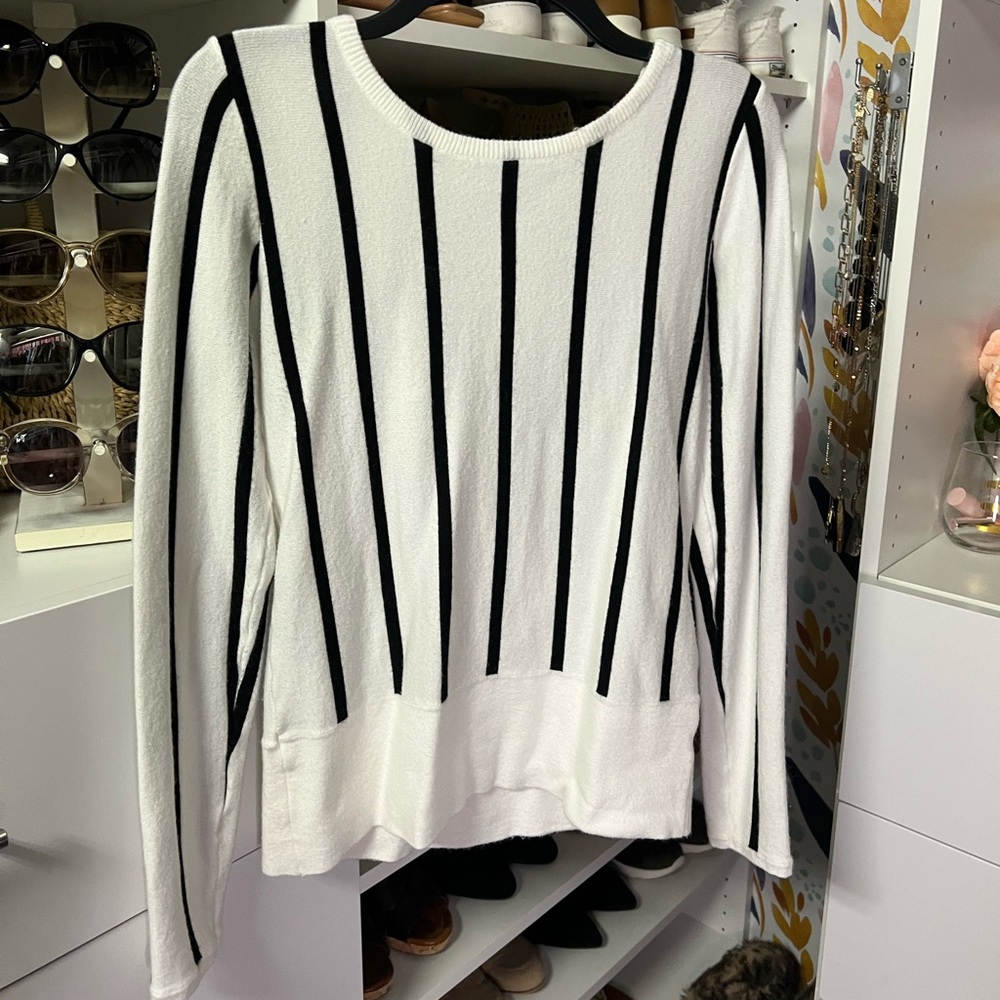 Skies are Blue Black and White stripped wrap back sweater